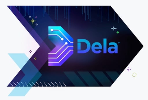 a graphic of an arrow with the word, "Dela" on it
